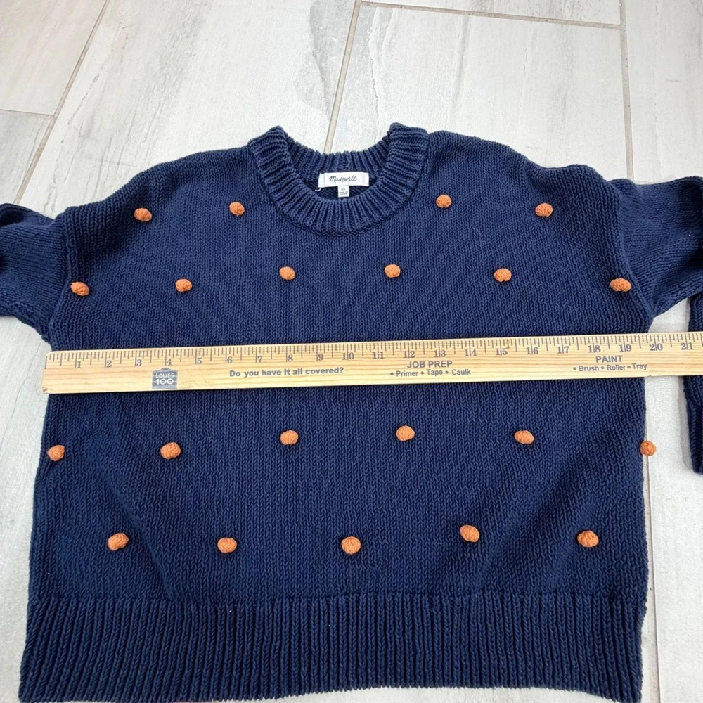 Madewell Navy Blue Orange Pom Pom Bobble Cotton Knit Crewneck Sweater XS
